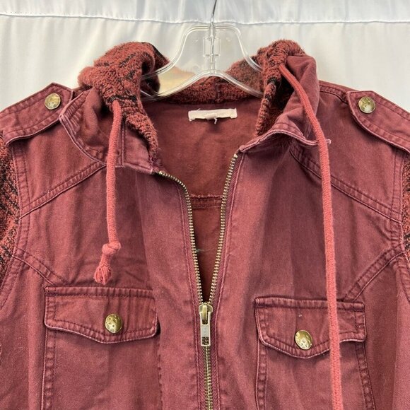 Maurices Womens Long Jean Jacket Wine Full Zip Knit Hood Pockets Collar M - Picture 3 of 10